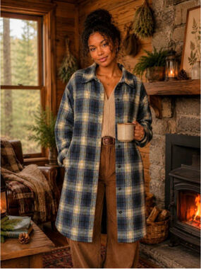 Women's Ci Sono Plaid Longline Shacket S Navy Beige